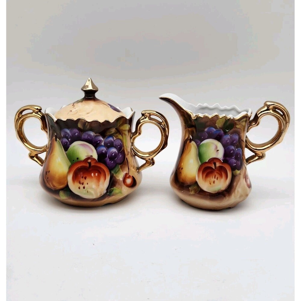 Lefton HERITAGE BROWN (FRUIT) Creamer & Sugar Bowl w/Lid GREAT CONDITION
